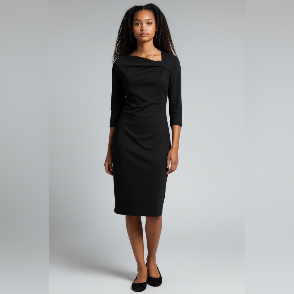 Adrianna Papell Women Black Midi Elegant Dress Asymmetrical Neckline Size 4 NWT